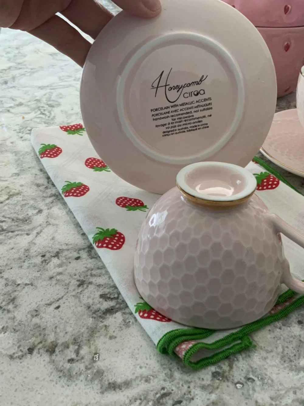 Pink & Gold Honeycomb Teacup & Saucer Set – 2 Place Settings